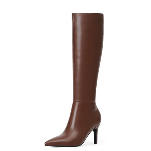 Modatope Women's Knee High Stiletto Heel Zipper Boot — Brown Pu