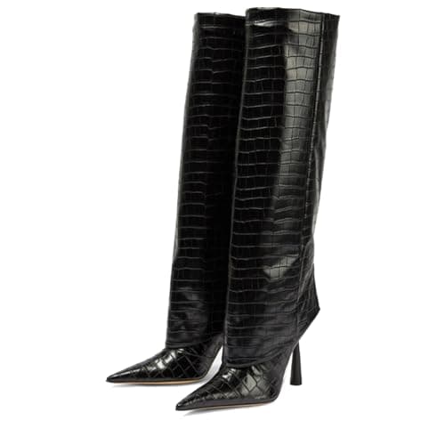 Goolita Women's Pointed Toe Knee High Stiletto Heel Fold Over Boots Fashion & Comfortable — Stone-black