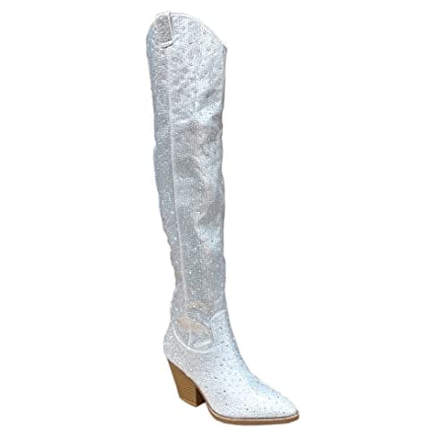 ABSOLEX Women's Western Cowgirl Rhinestone Mid-Calf Boots — Silver