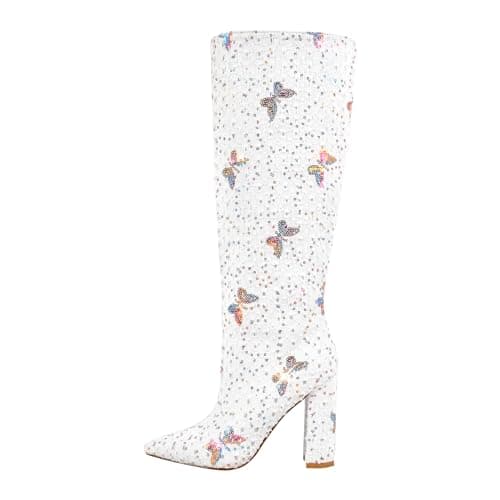 Richealnana Women's Chunky Heel Snake Print Knee High Boots — White
