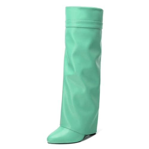 DEMOSHINE Women's Knee High Zipper Fold Over Wedge Heel Boots — Turquoise