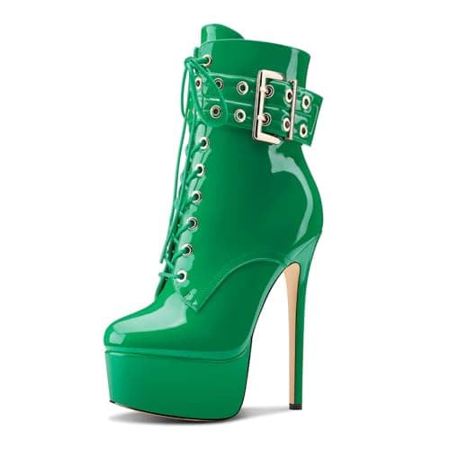 Womens Aachcol Stiletto Heel Platform Ankle Boots Patent Leather Zipper Buckle — Green