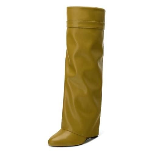 DEMOSHINE Women's Knee High Zipper Fold Over Wedge Heel Boots — Olive