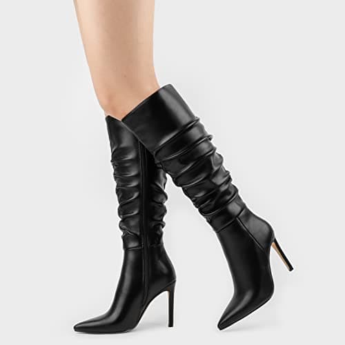 COLETER Women's Knee High Stiletto Buckle Dress Boots with Slouch Zipper