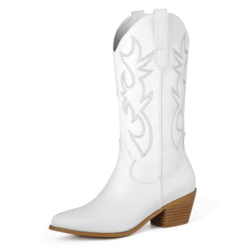 Ouepiano Women's Western Embroidered Booties, Mid Calf Pointed Toe Chunky Heel Pull-On Boots — White