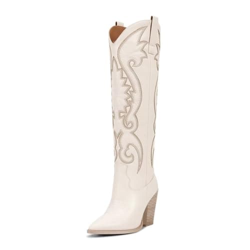 ISNOM Women's Cowboy Knee High Boot with Embroidered Pointed Toe — Mattebeige