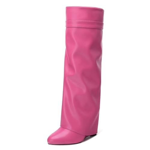 DEMOSHINE Women's Knee High Zipper Fold Over Wedge Heel Boots — Hot Pink