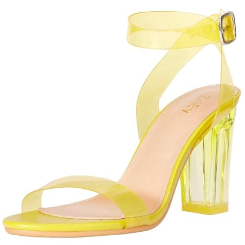 ZriEy Clear Block Sandals for Women Chunky Heels Open Toe Adjustable Ankle Strap Pump — Yellow Clear