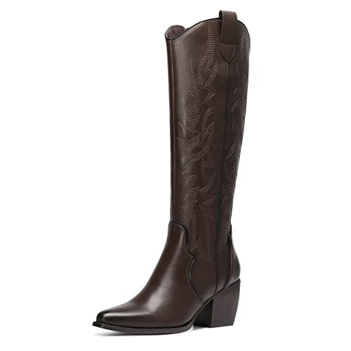 Womens Cowboy Boots - Comfortable, Chunky Heel, Pointed Toe, Embroidered Western Cowgirl Knee High Boots — Brown/Pu