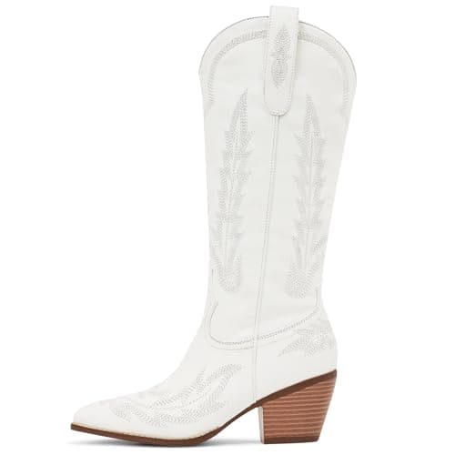 Red RONILURN Women's Cowboy Boot Mid Calf Embroidered Pointed Toe Pull-On Boot — White Mid Calf