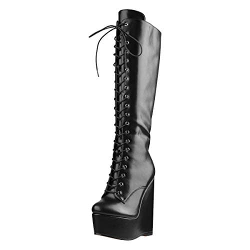 Richealnana Women's Black PU Knee High Zipper Wedge Heel Boots US 7