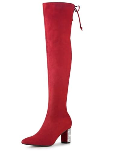 Allegra K Women's Chunky Heels Over the Knee Rhinestone Boots — Red