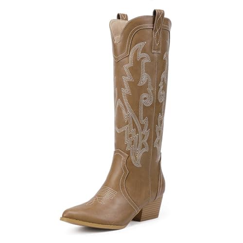 IDIFU IN2 Women's Embroidered Cowgirl Knee-High Western Boots — Tan