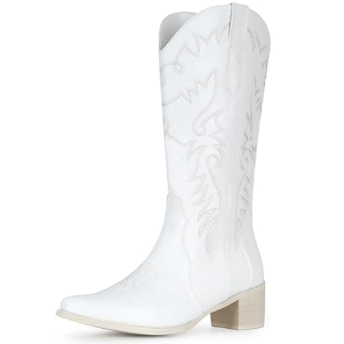 IXU Women's Pointy Toe Mid Calf Western Cowgirl Boots — White