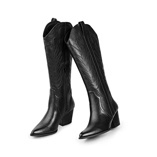 Comfortable Women's Arromic Embroidered Knee High Western Cowgirl Boots — Black Pu