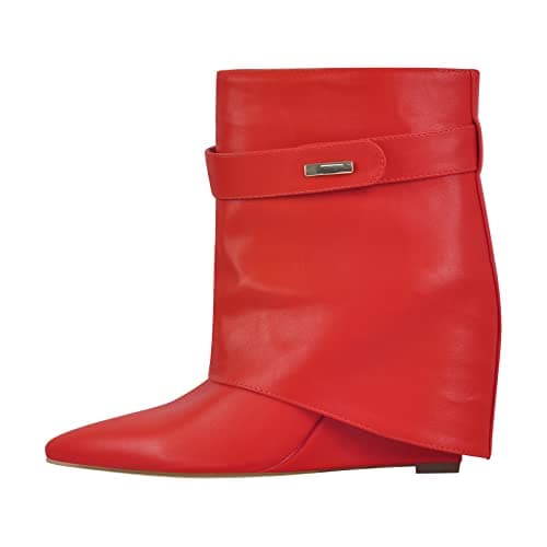 Richealnana Women's Fold Over High Heel Knee High Boots — Red Short