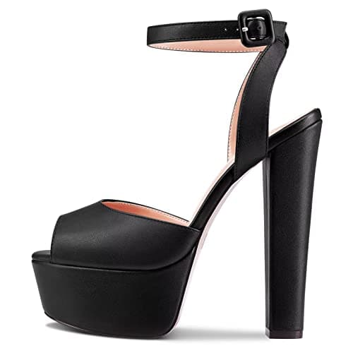 NobleOnly Women's High Block Platform Prom Heels Ankle Strap Sandals 5.9" Heels — Black