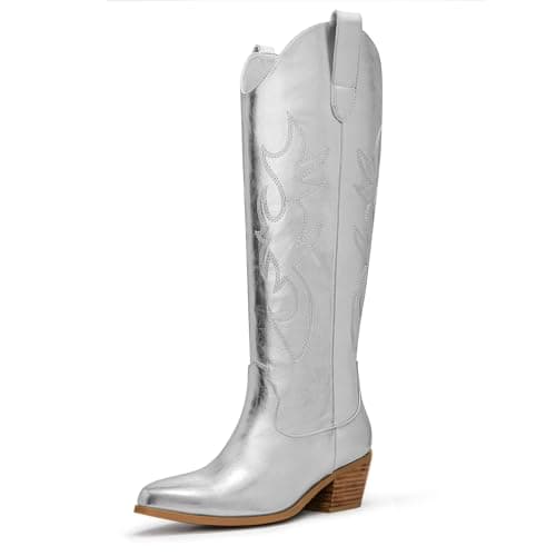 Ouepiano Women's Knee High Embroidered Cowboy Boots — Metallic Silver