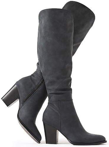 Putu Women's Knee High Faux Leather Pointed Toe Western Heel Boots — Leather-grey