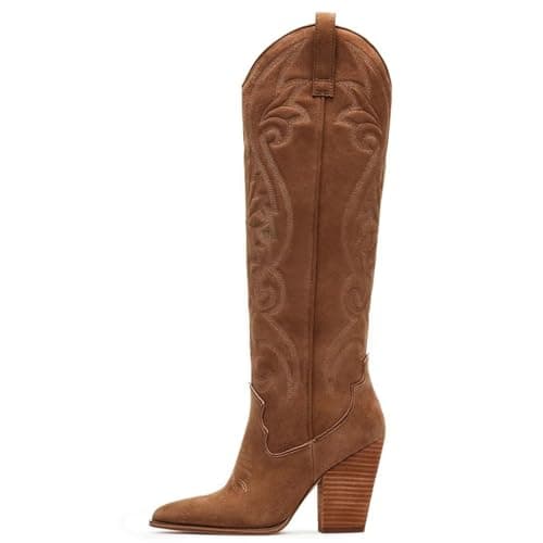 WIRALOMI Women's Embroidered Knee High Cowboy Boots with Chunky Heel
