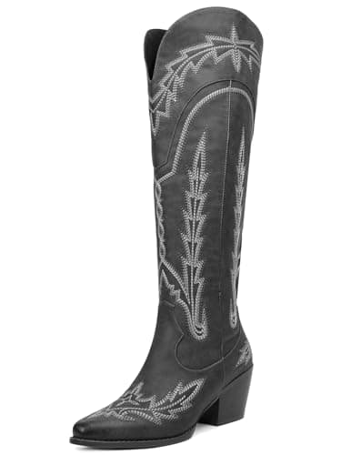 Red RONILURN Women's Cowboy Boot Mid Calf Embroidered Pointed Toe Pull-On Boot — Grey Knee High