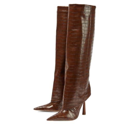 Goolita Women's Pointed Toe Knee High Stiletto Heel Fold Over Boots Fashion & Comfortable — Stone-brown