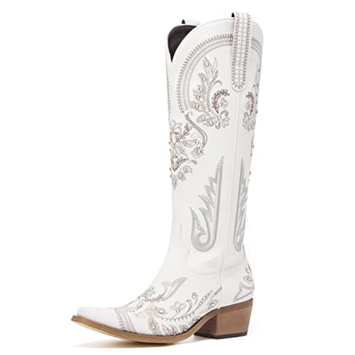 Western Cowboy Boots for Women Embroidered Rhinestones Knee High Boot — White