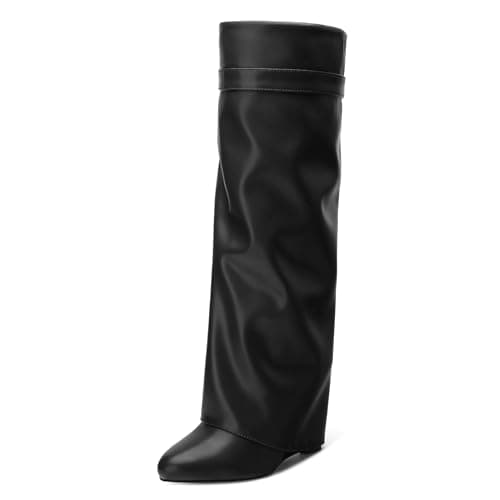 DEMOSHINE Women's Knee High Zipper Fold Over Wedge Heel Boots