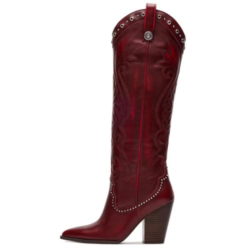 VOMIRA Women's Pointed Toe Chunky Heel Embroidered Knee High Cowboy Boots