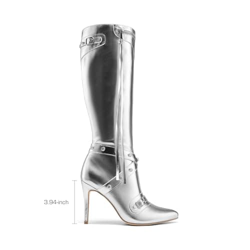 Dream Pairs Women's Metallic Knee High Stiletto Heeled Pointed Toe Dress Boots with Stud Zip Tassel