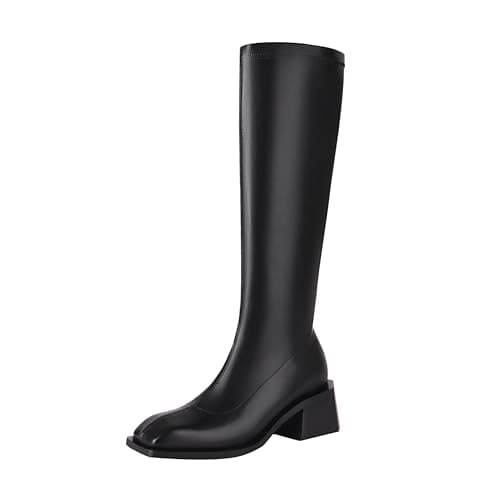 Vivianly Women's Knee High Chunky Heel Zip Boots — Black-1.77in Heel