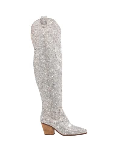 Atuelang Women's Sparkly Rhinestone Knee High Cowboy Boots — Rhinestone-thigh High