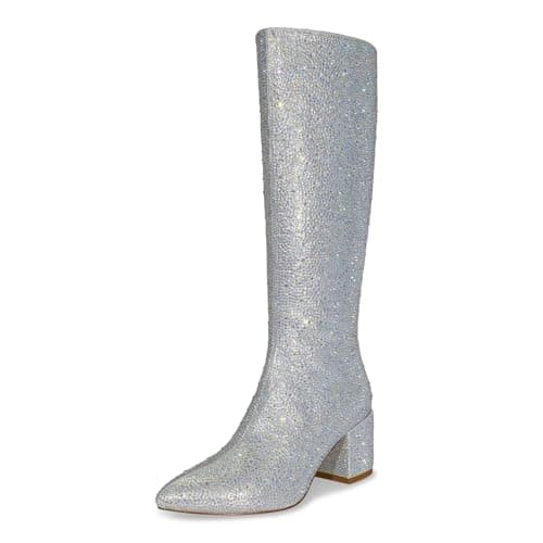 Wetkiss Sparkly Rhinestone Knee High Boots for Women Weddings Dates — L-silver Rhinestone