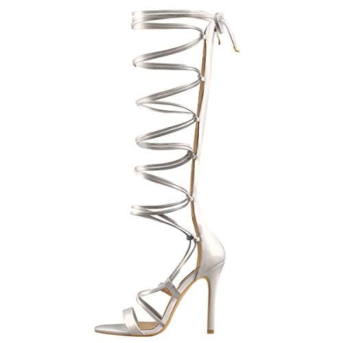LISHAN Women's Knee High Open Toe Criss Cross Stiletto Heels Sandals — Silver