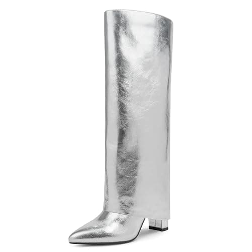 Modatope Chunky Heel Knee High Zipper Boots for Women — Silver Pu