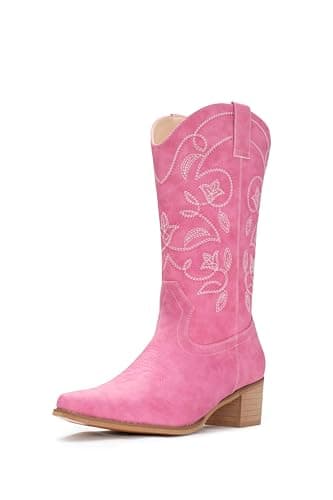 IUV Women's Pointy Toe Western Boots Mid Calf Cowgirl Boots — Rose