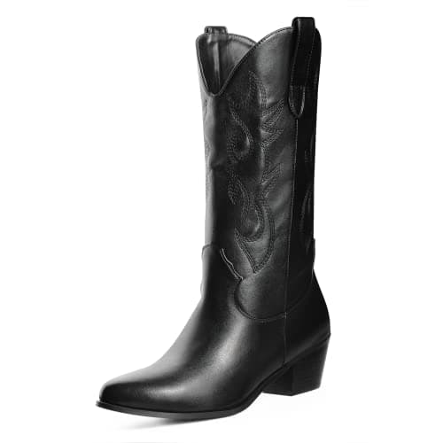 Ouepiano Women's Western Embroidered Booties, Mid Calf Pointed Toe Chunky Heel Pull-On Boots — Black