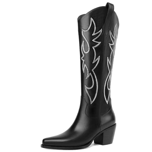 DOBOYG Women's Western Embroidered Cowboy Boots with Chunky Heel Perfect for Country Concerts — Black-rhinestone