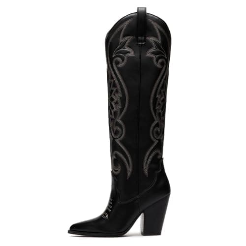 WIRALOMI Women's Embroidered Knee High Cowboy Boots with Chunky Heel — Black