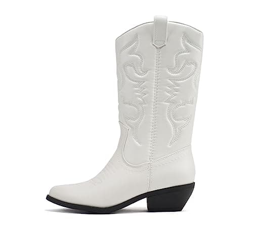 All-White Soda Red Knee High Cowboy Boots with Pull-On Tabs — White Pu/Black Heel