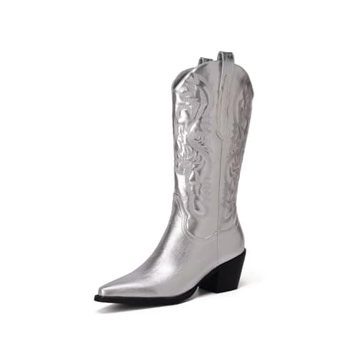 CIERWS Women's Embroidered Western Cowgirl Knee-High Boots — Silver-m