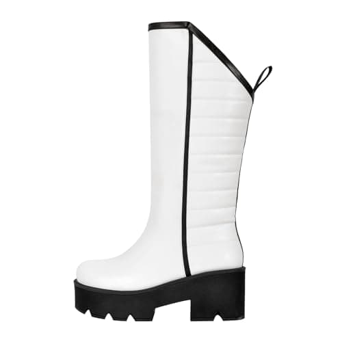 Rich heel Mid Calf Booties for Women Embroidered Knee-High Boots — Cool White