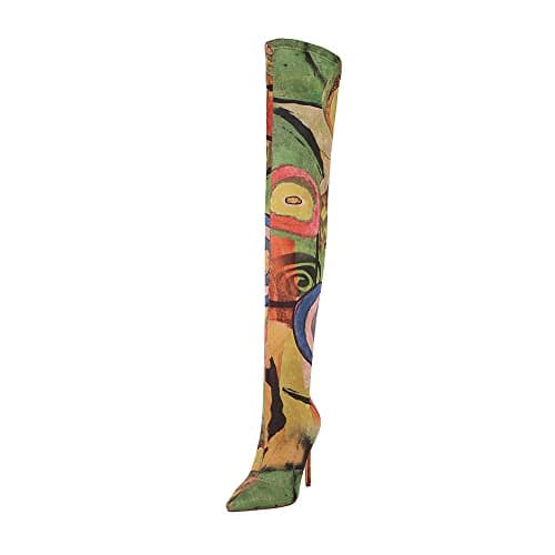 Vivianly Women's Printed Stretch Thigh High Booties Pointy Stiletto Heel