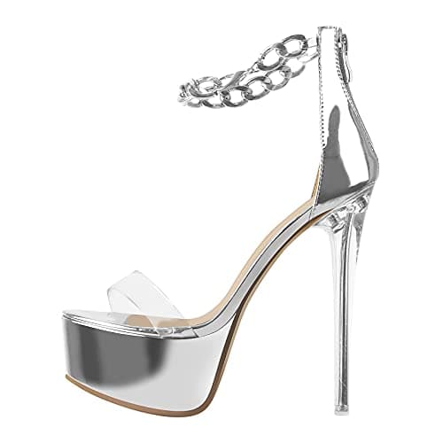 Richealnana Women's Clear PVC Glitter Stiletto Heel Sandals — Silver Chains