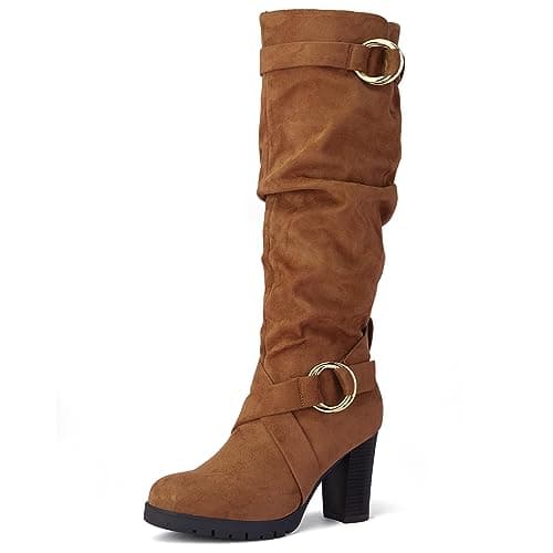 mysoft Women's Knee High Warm Winter Boots with Side Zippers — Camel Suede