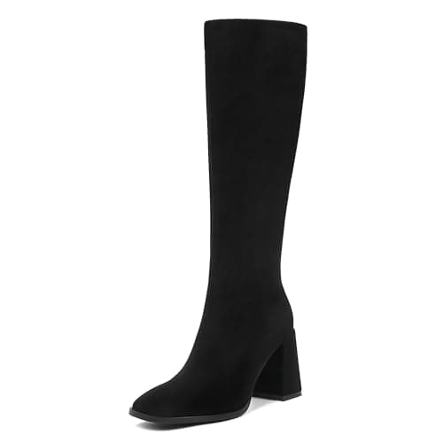 Wetviro Chunky Heel Knee High Boots for Women — Black Suede