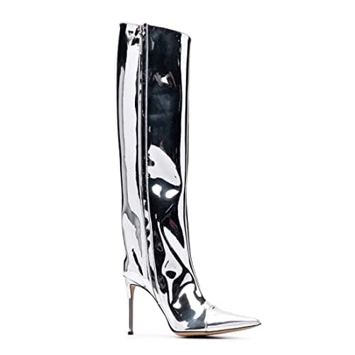 Arqa Women's Chrome Zipper Knee High Stiletto Heel Boot