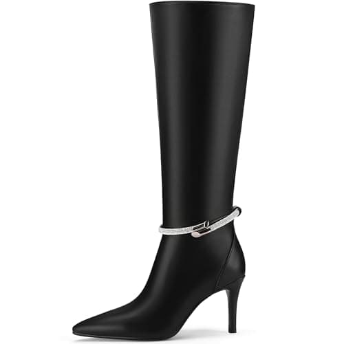 FINDVELL Women's Sparkly Rhinestone Knee High Stiletto Boots with Zipper