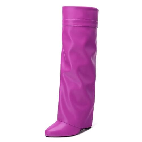 DEMOSHINE Women's Knee High Zipper Fold Over Wedge Heel Boots — Magenta