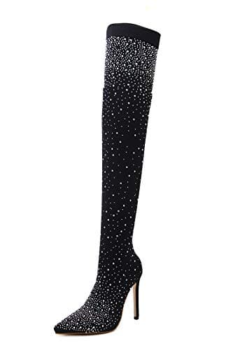 Azermo Women's Sparkly Rhinestone Thigh High Heeled Socks